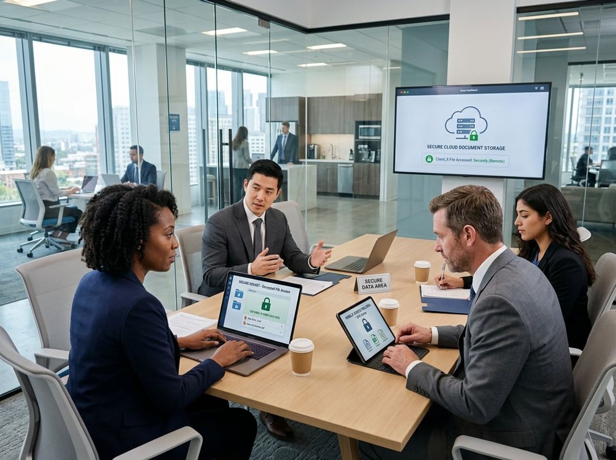 Lawyers working with laptops and tablets in a modern office, focusing on secure remote access to legal documents.