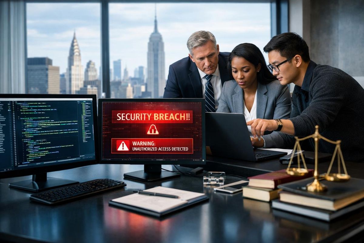 A group of professionals in a modern law office working on computers with cybersecurity alerts, with the New York City skyline visible through a window.