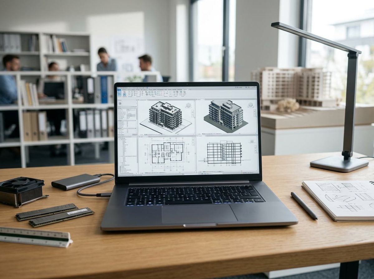 Laptop with a building model on screen sitting beside internal hardware components