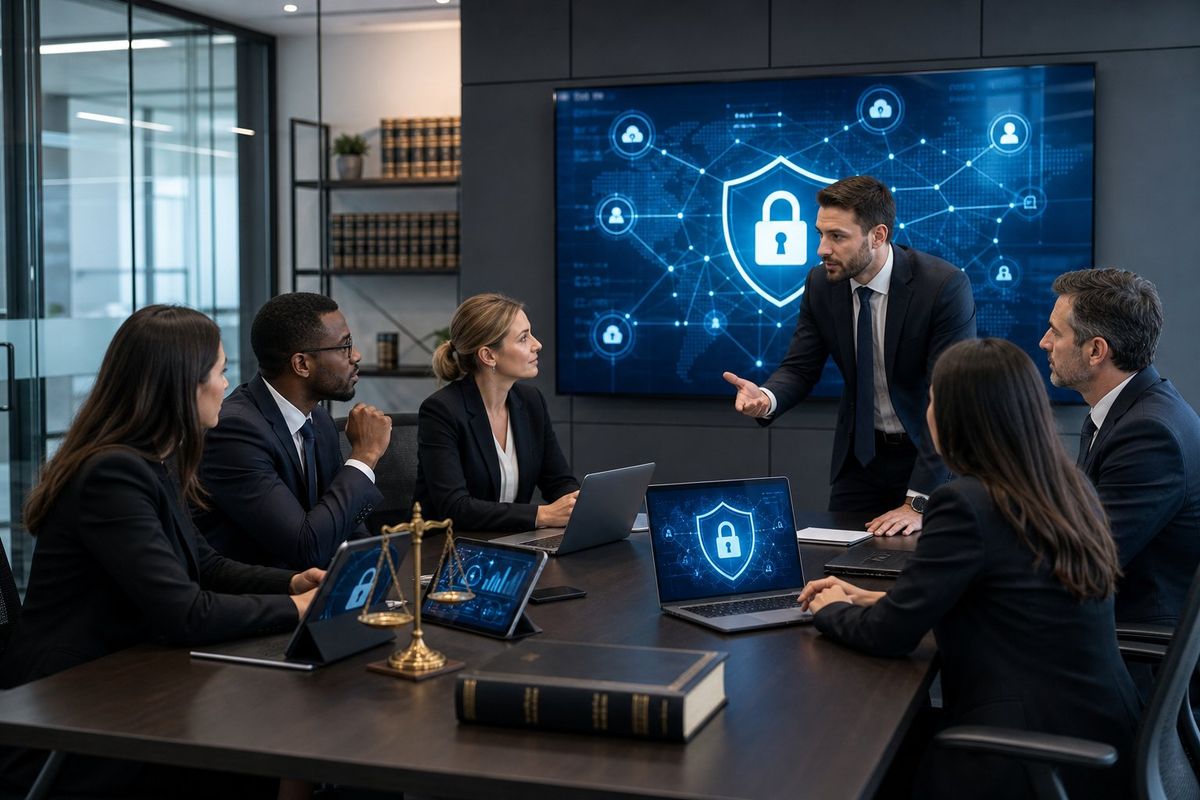 A group of professionals in a modern law firm office discussing network security around a conference table with laptops and a digital screen displaying cybersecurity visuals.