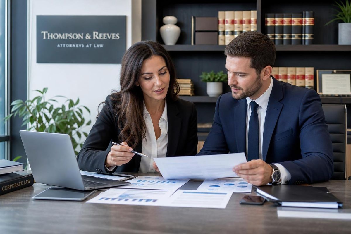 Two business professionals discussing documents and a laptop in a law firm office.