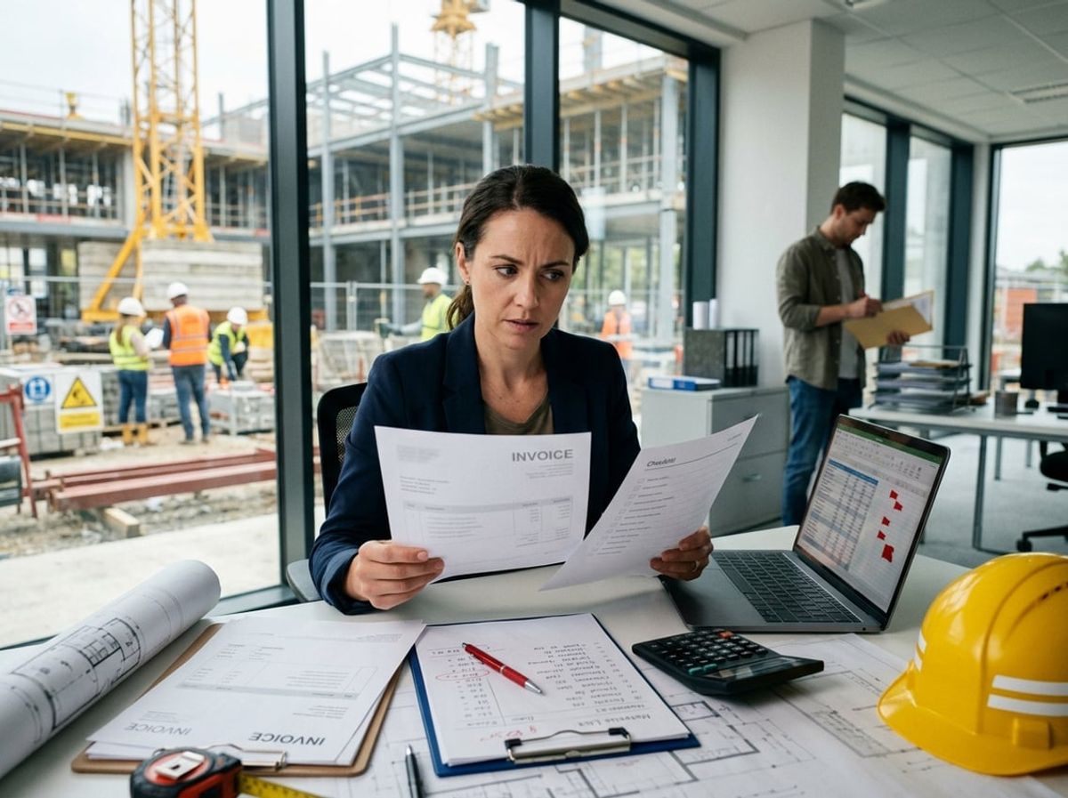 Site manager comparing a delivery ticket against a supplier invoice for discrepancies