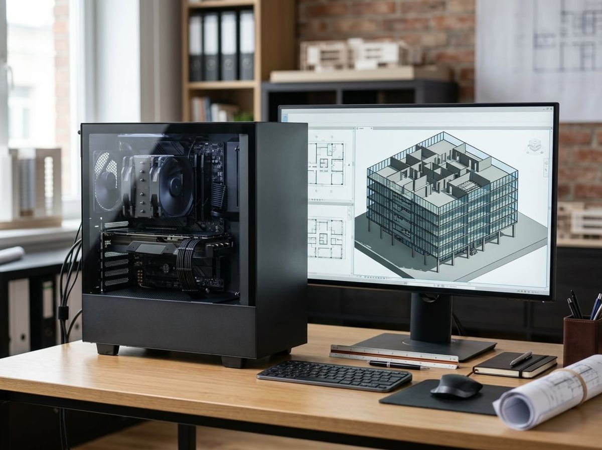 Drafting tools and a workstation tower sit near a monitor showing a detailed building design