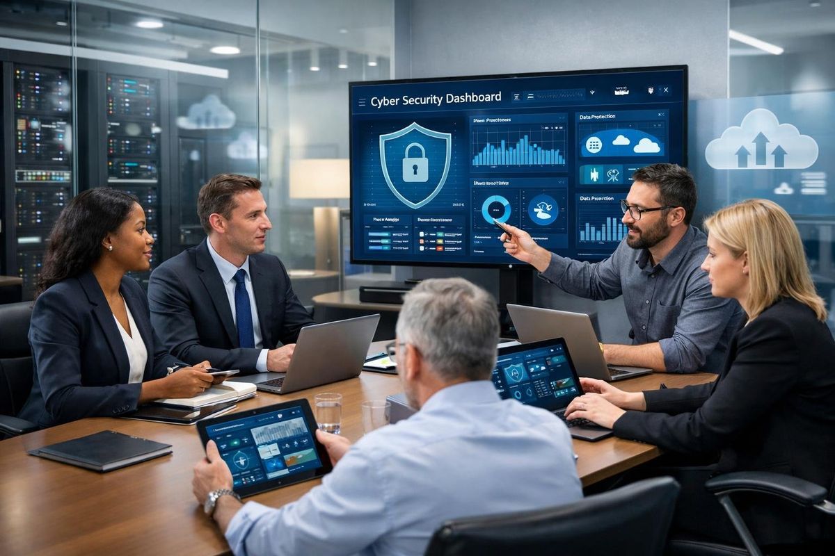 A group of legal and IT professionals collaborating around a conference table with laptops and monitors in a modern office.