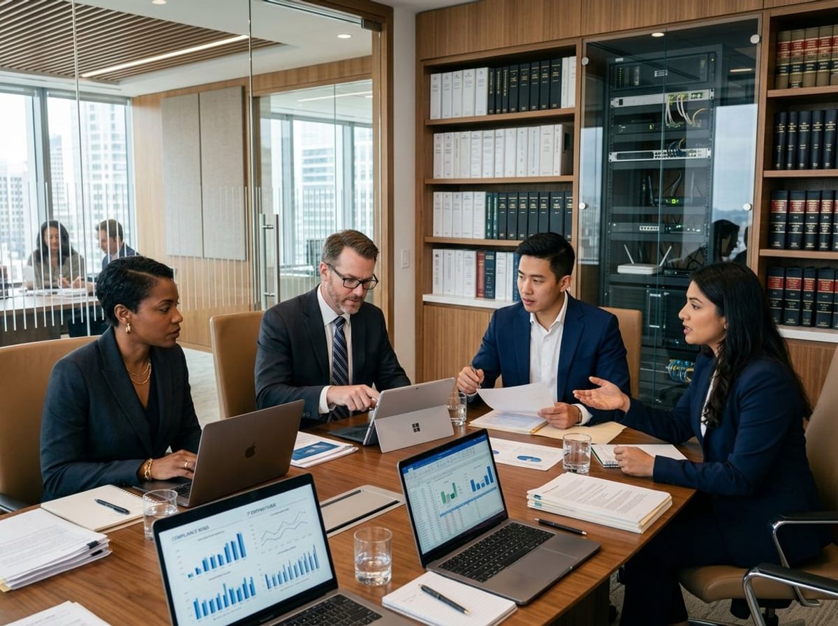 Business professionals in a law firm office discussing IT and compliance costs around a table with laptops and documents.