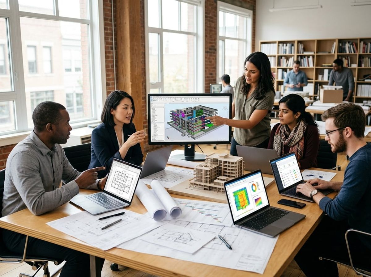 Architect studies a 3D building model on a monitor at a cluttered desk