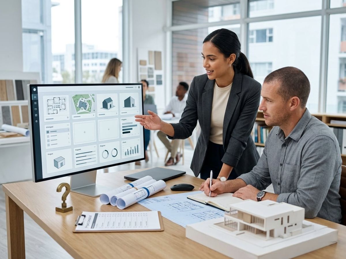 Team studies a 3D model and layout plans within a connected office network
