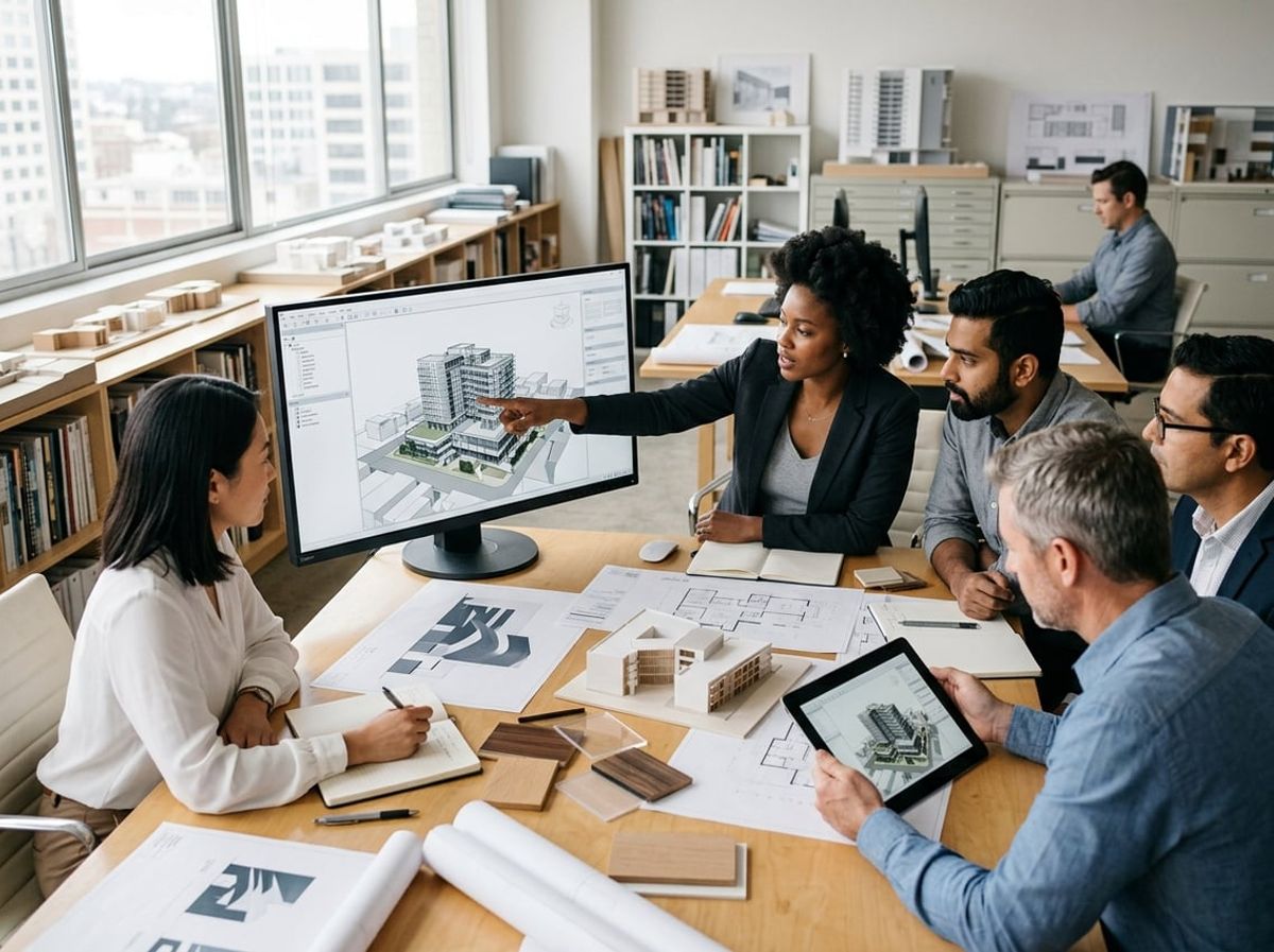 Colleagues discuss email and accounting tools alongside architectural drawings on a laptop