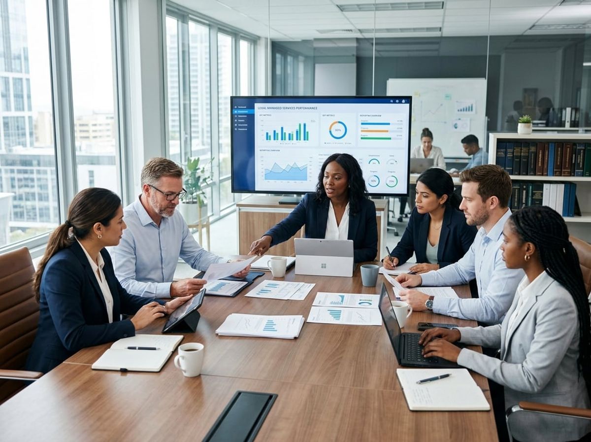 Account manager presenting cybersecurity reports and charts to law firm leadership