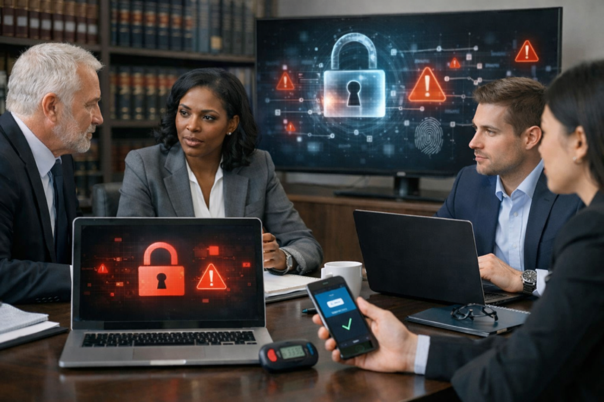 Legal professionals in a law firm office discussing cybersecurity risks with laptops and authentication devices on the table.