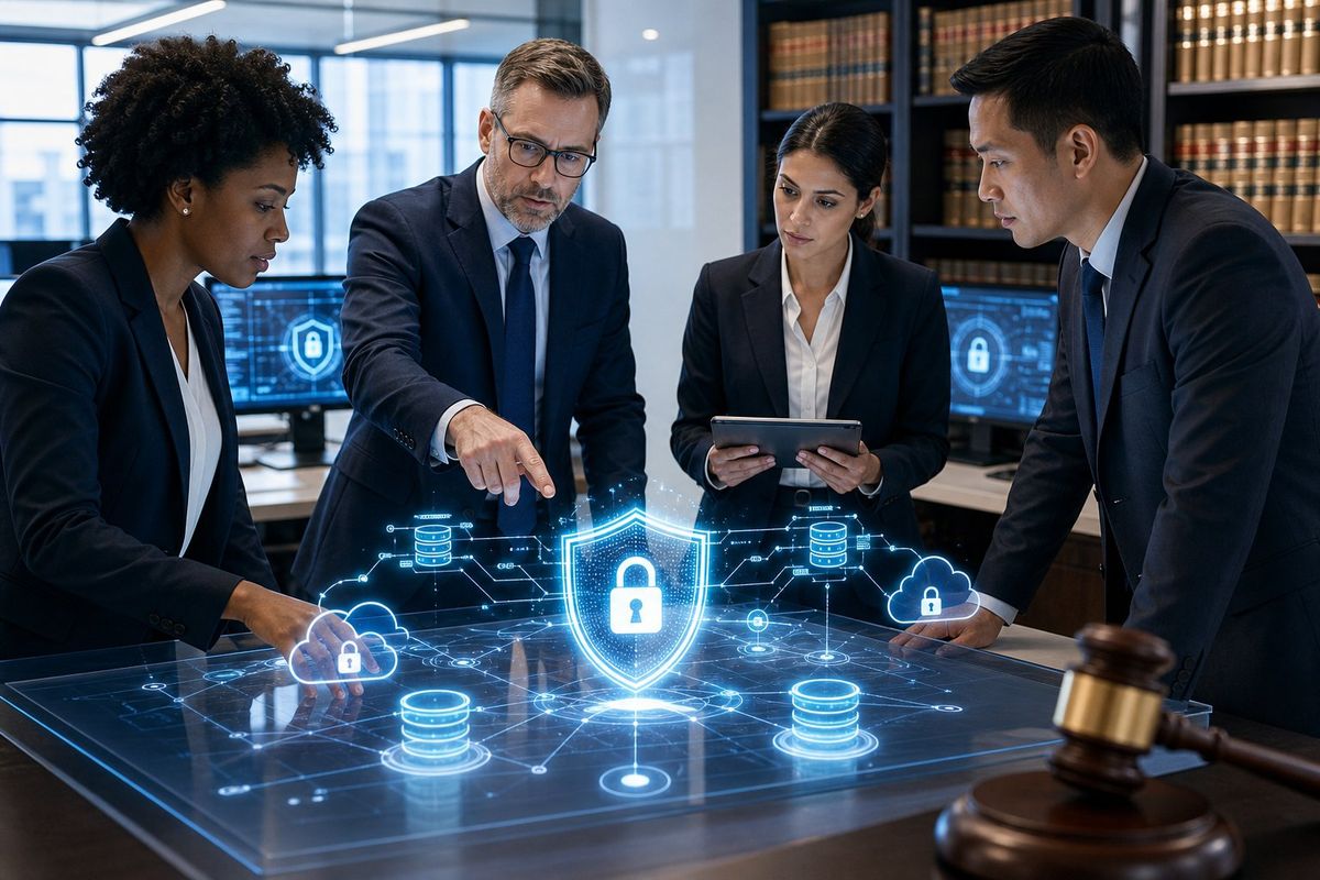 Professionals in a law firm office collaborating around a digital display showing secure network and data backup icons.