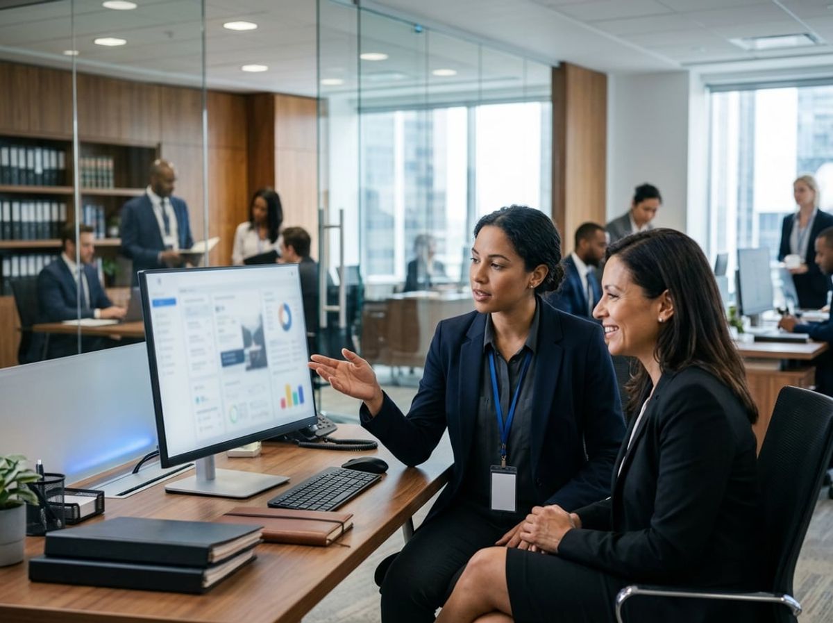 IT technician and NYC attorney discuss an urgent computer problem at a desk