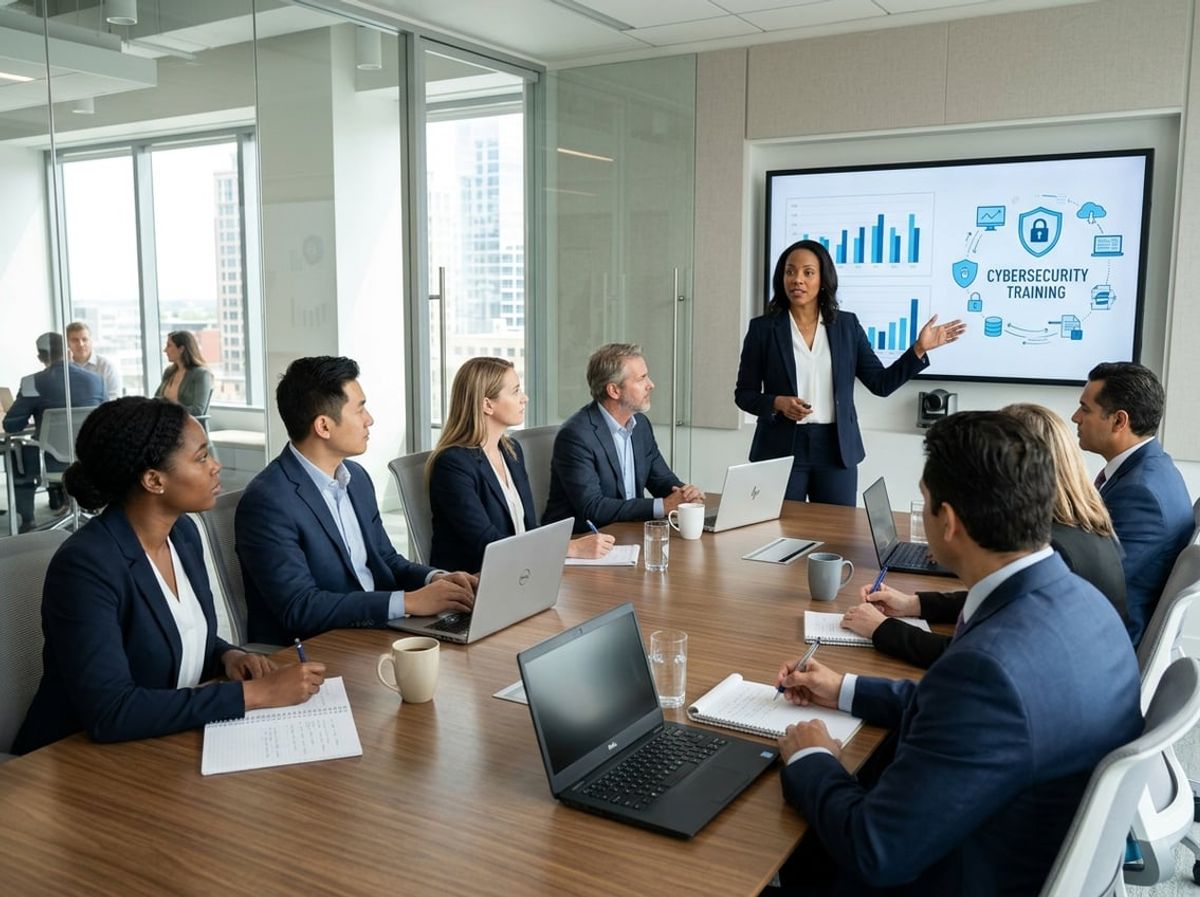 Trainer pointing to a chart showing phishing simulation results in a law office