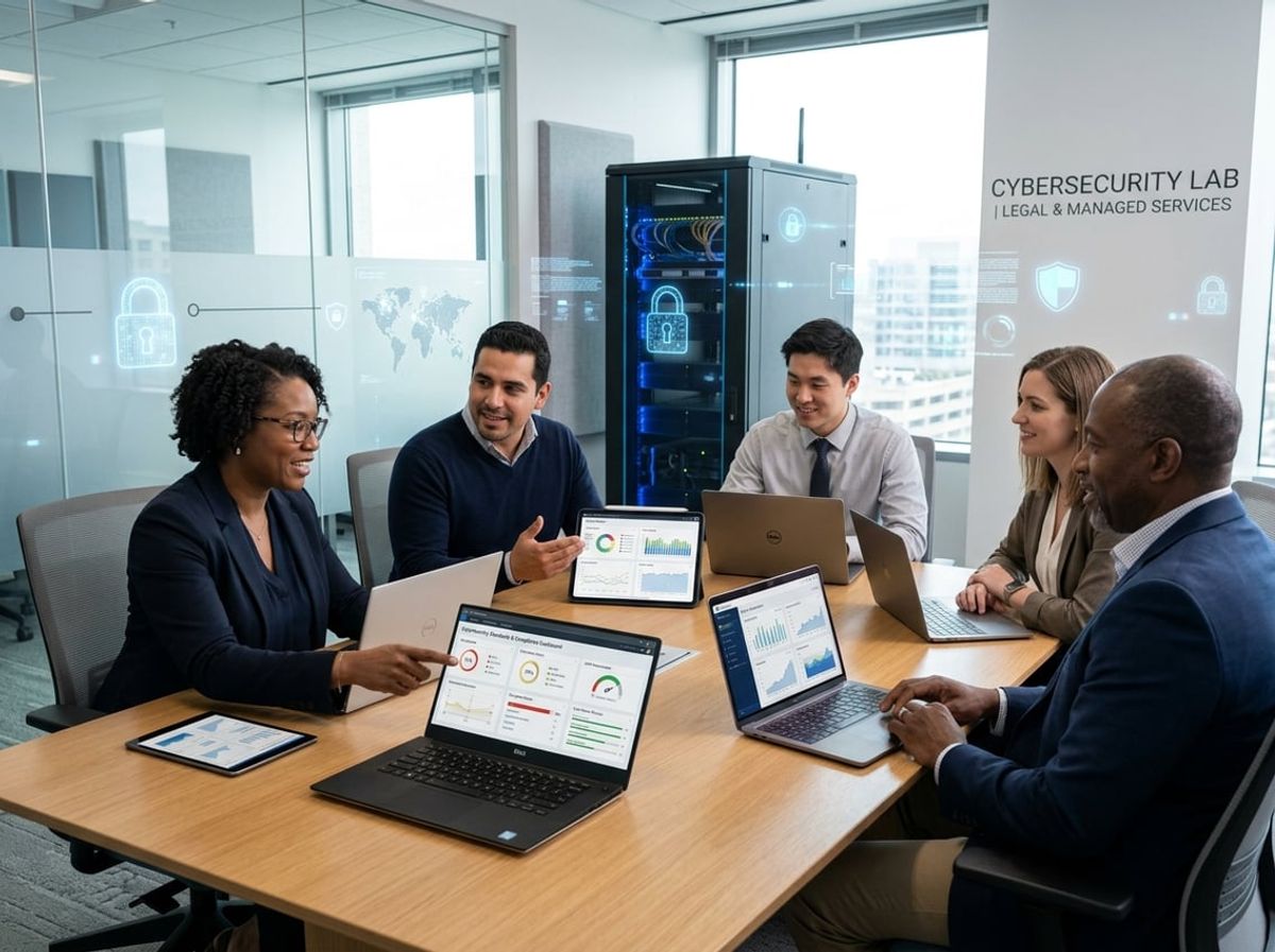 Small firm employees reviewing cybersecurity dashboards showing login attempts and backup status