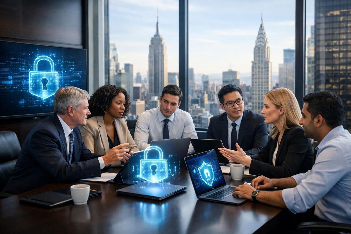Lawyers and IT professionals working together in an office with laptops and digital screens showing cybersecurity visuals, with a city skyline visible through large windows.