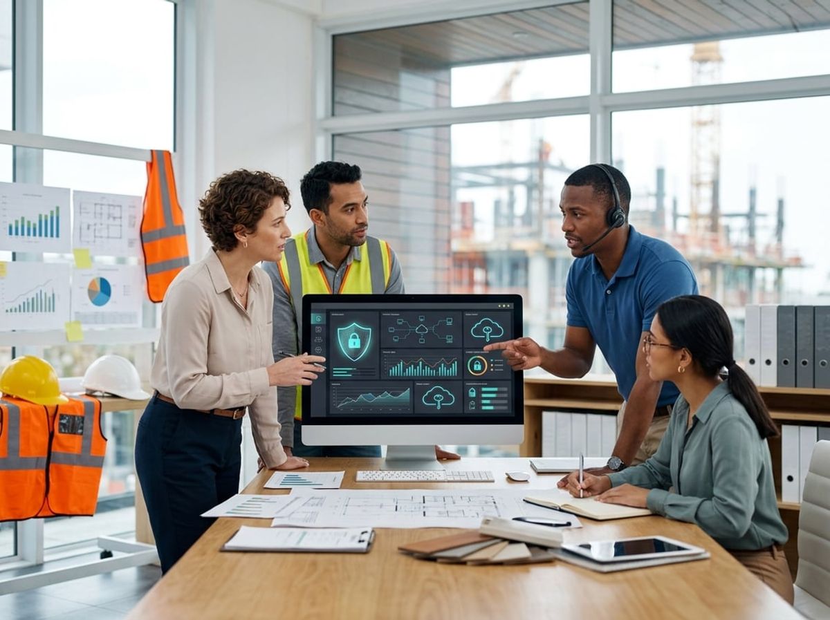 Finance and construction staff review payment records with an advisor at a secure computer screen