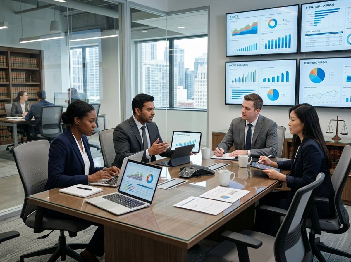 Business professionals in a law firm office discussing IT costs with laptops and monitors displaying data charts.