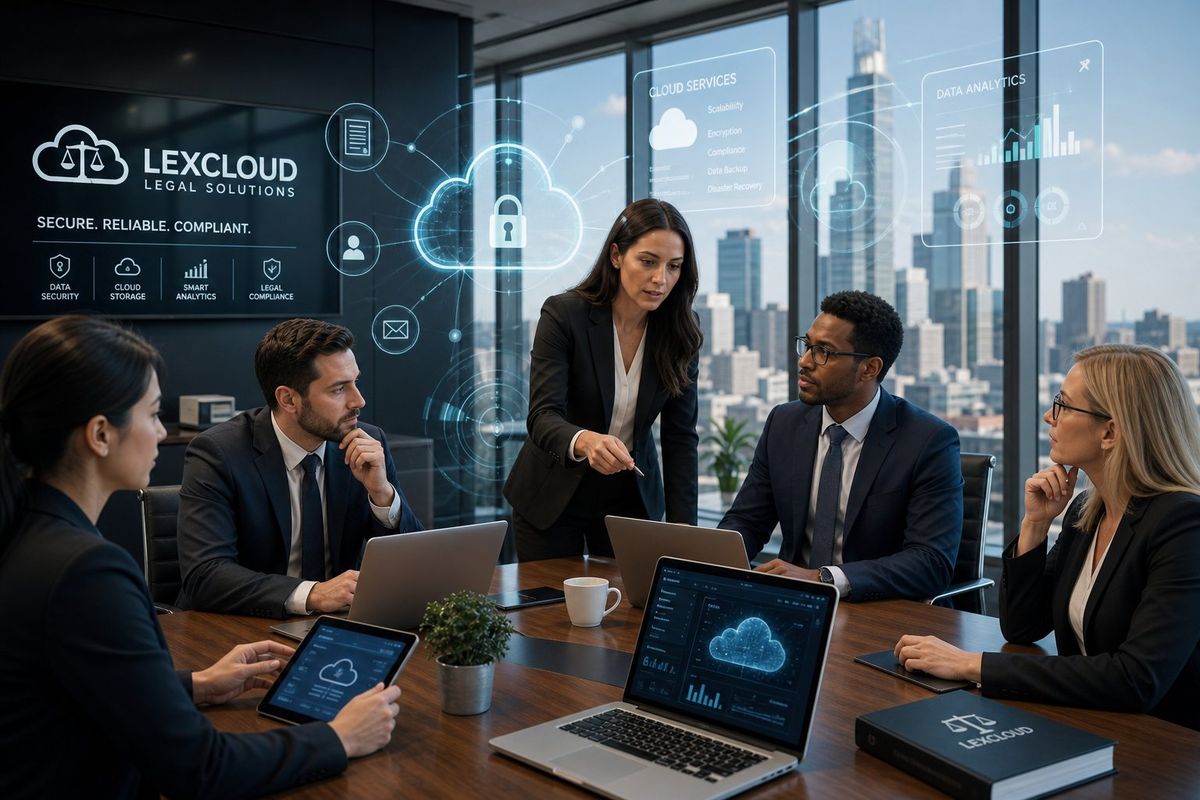 Business professionals in a law firm office collaborating around a table with laptops and digital cloud service visuals.