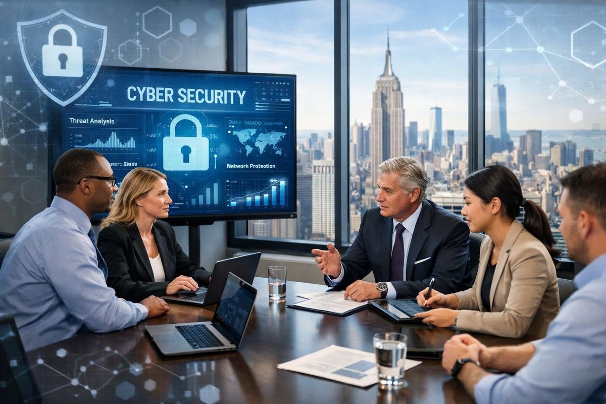 A group of professionals in a law firm office collaborating with laptops and digital devices, with a view of the New York City skyline in the background.