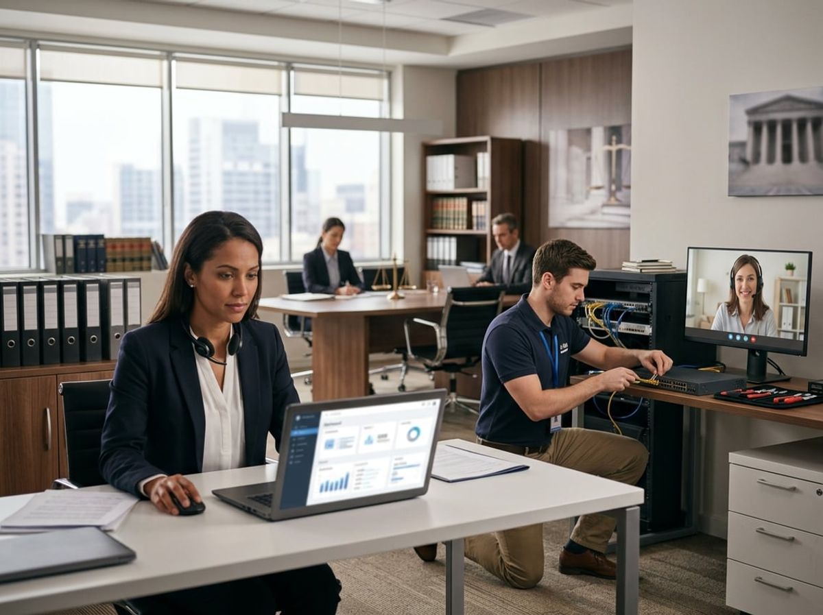 Attorney at a desk receiving hands on help while a remote technician monitors systems