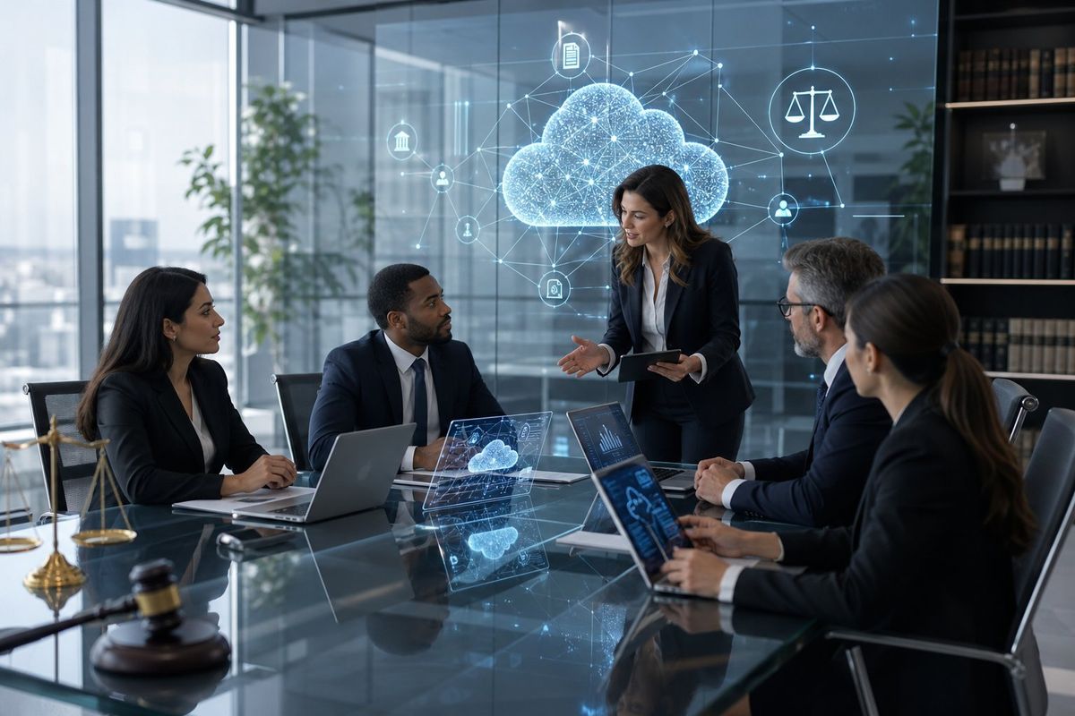 Business professionals in a law office collaborating around a table with laptops and digital devices showing cloud technology visuals.