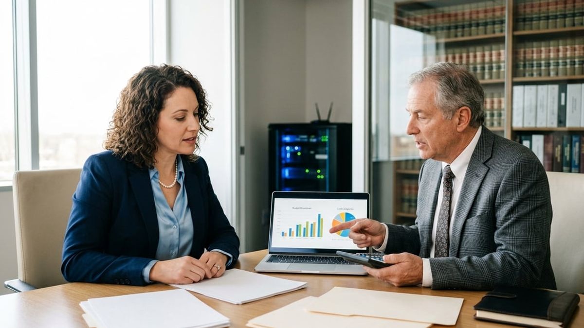 Law firm partners reviewing law firm IT support cost breakdown in a NYC office