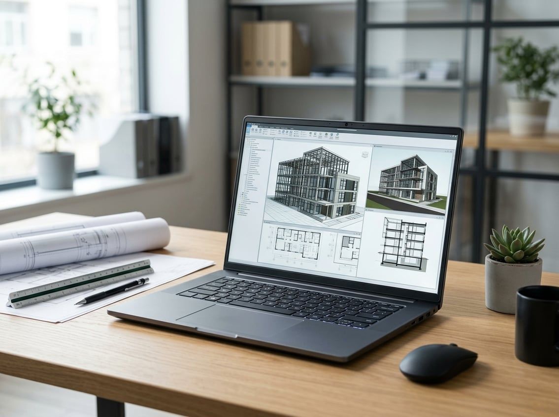Architect reviewing a Revit model on a laptop workstation, best laptop for Revit and AutoCAD coordination
