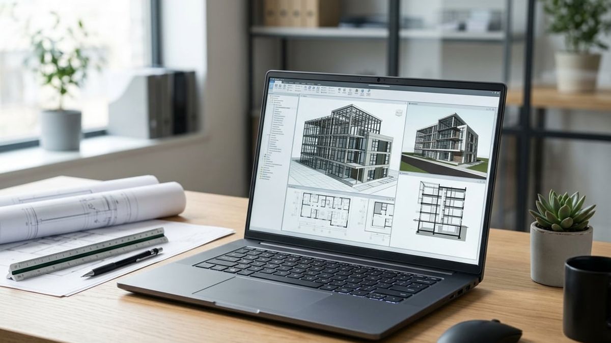 Architect reviewing a Revit model on a laptop workstation, best laptop for Revit and AutoCAD coordination