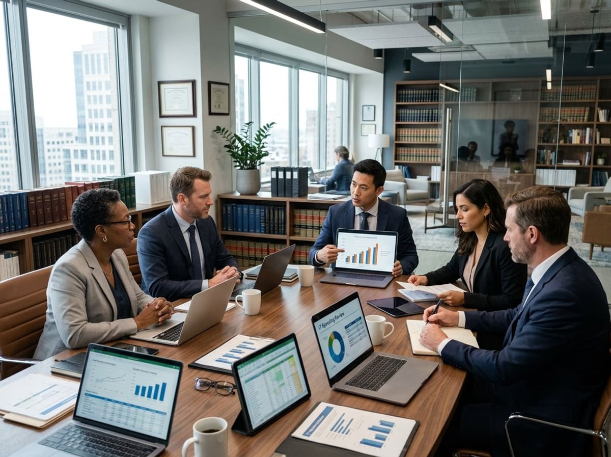 A group of professionals in a law firm office collaborating around a table with laptops and charts related to IT budgeting and data backup.
