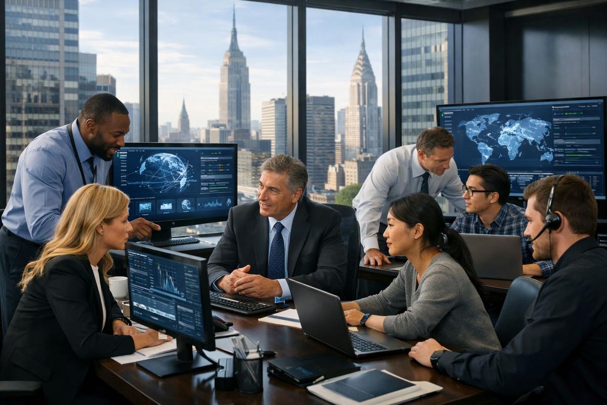 A team of IT specialists and lawyers working together in a modern law firm office with computers and city buildings visible through large windows.