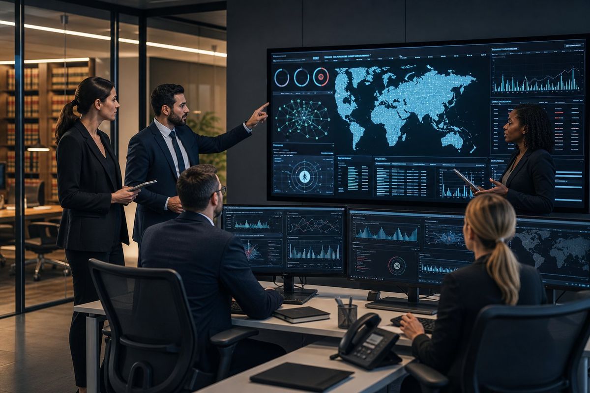A group of legal and IT professionals working together in a modern office with multiple computer screens showing cybersecurity data.
