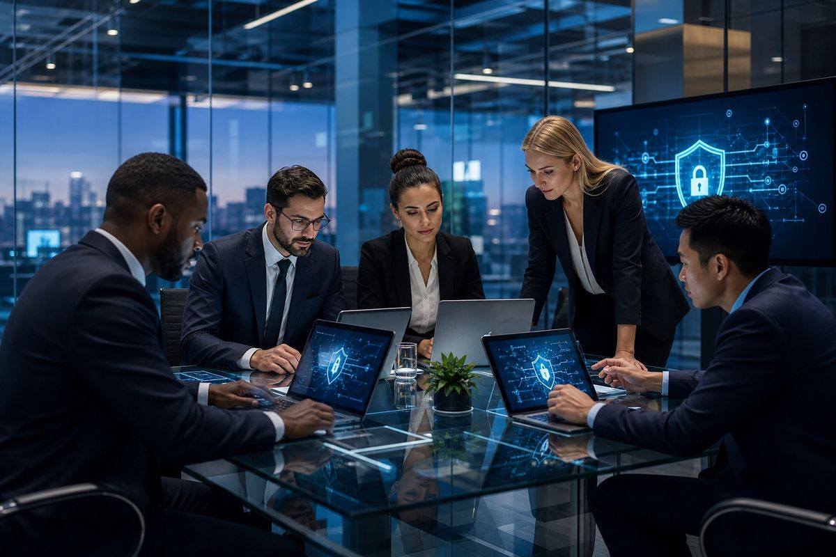 A group of professionals in a law firm office working together with laptops displaying cybersecurity visuals, emphasizing client confidentiality and network security.