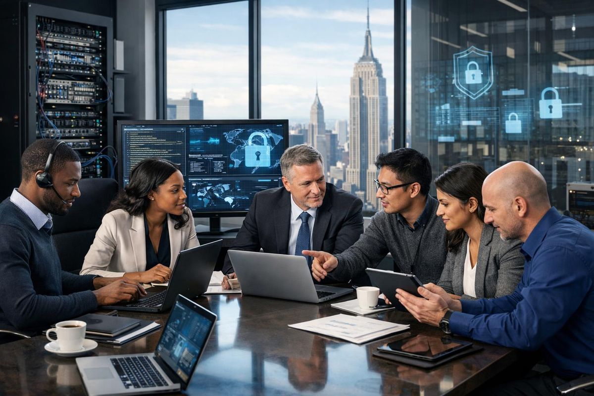 A group of professionals working together in a law firm office with laptops and monitors, with a city skyline visible through large windows.