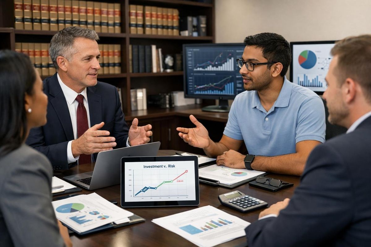 A group of professionals in a law firm office discussing IT support and financial documents around a conference table.