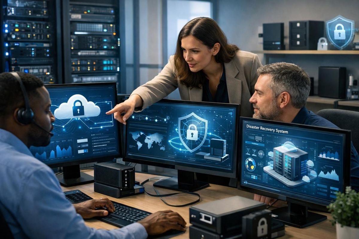 IT professionals working together in an office with multiple computer screens showing data and security visuals.