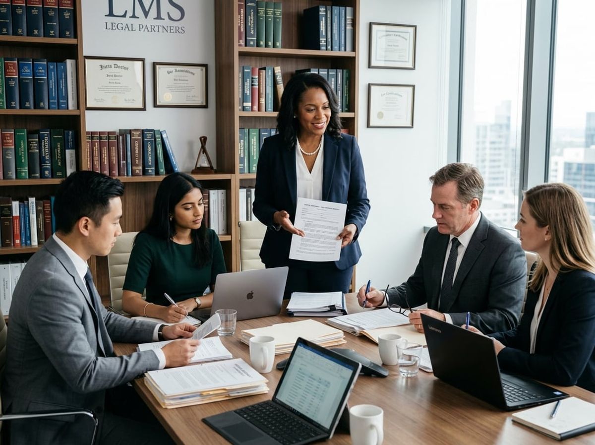 Legal team reviewing network monitoring reports and case files at a conference table