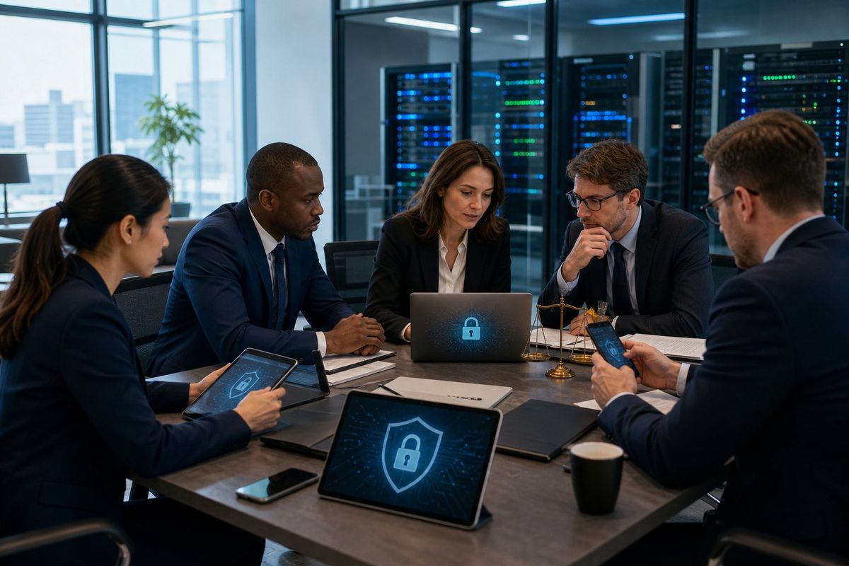 A group of professionals in a modern law firm office working with laptops and mobile devices, with server equipment visible in the background.