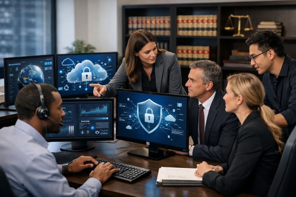 IT professionals and legal staff working together in a modern office with computers showing data and technology visuals.