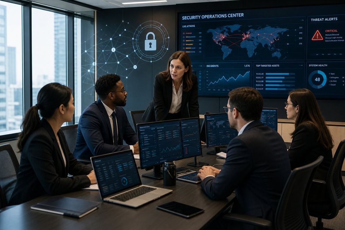 A group of professionals in a law firm office working together around computers displaying cybersecurity data.