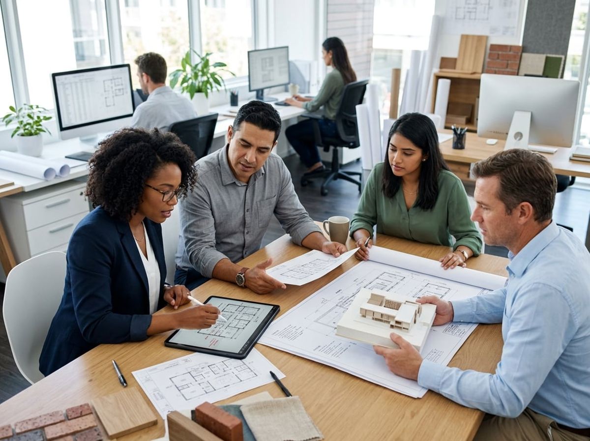 Architects and builders comparing digital and printed plans during a design coordination discussion