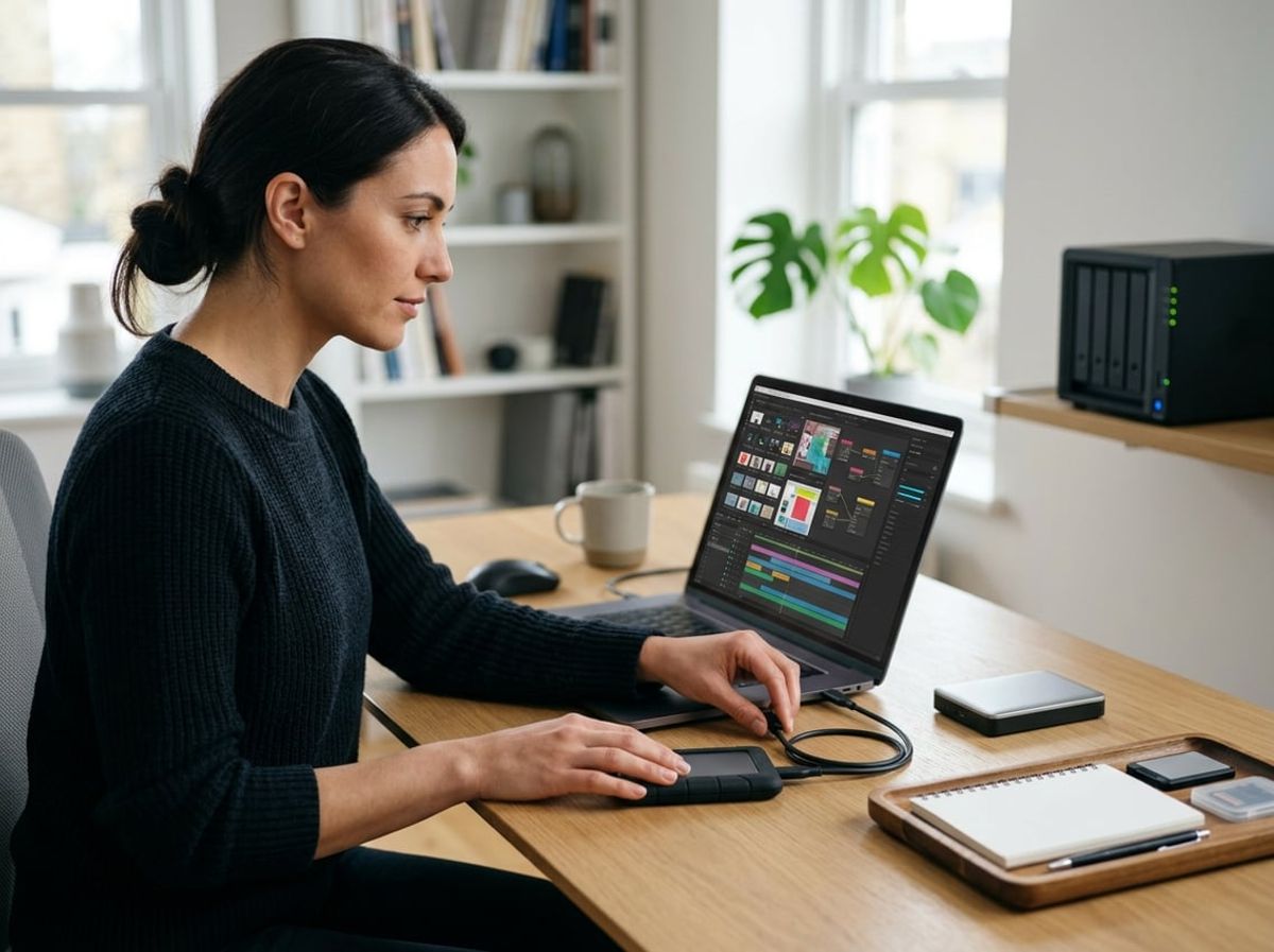 Workstation showing project files being organized across a computer, external drive and network storage