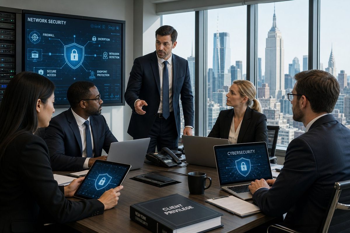 A group of legal professionals working together in an office with laptops and digital screens showing cybersecurity visuals, with the New York City skyline visible through large windows.