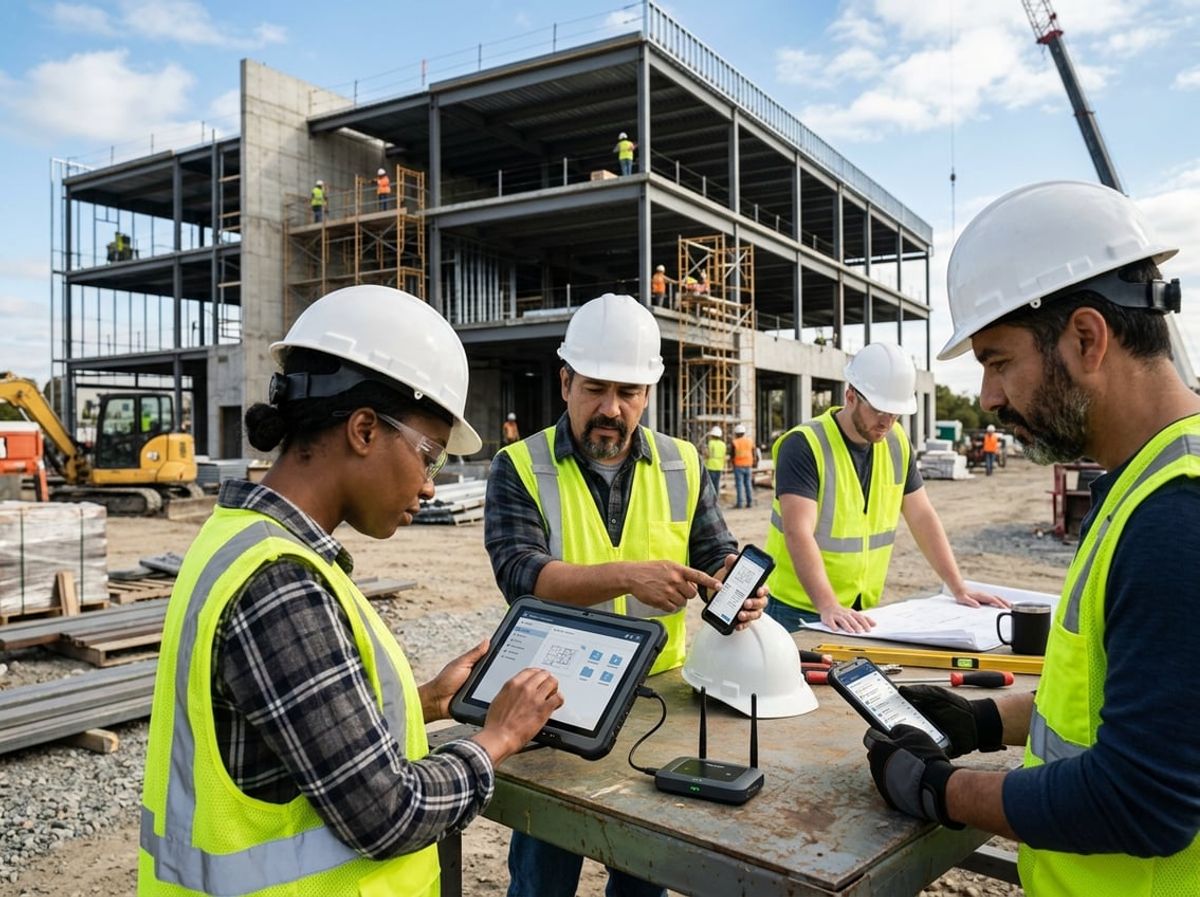 Field superintendent pulls up project drawings on a tablet at an active construction site