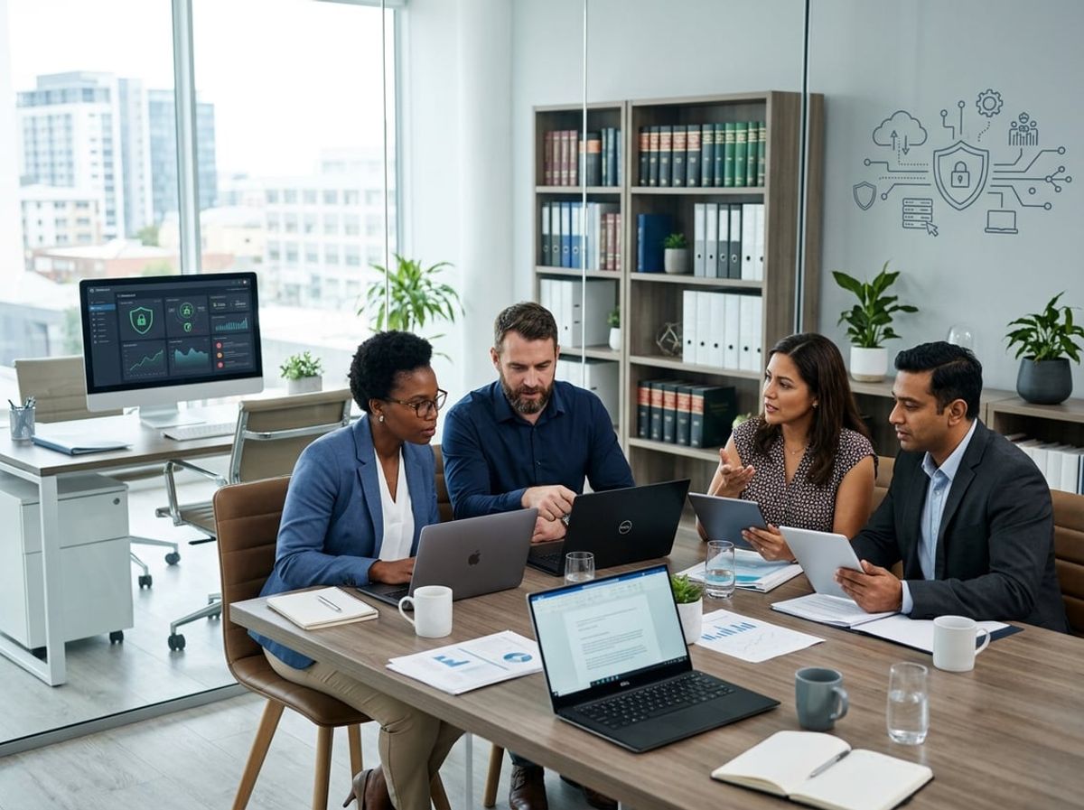 Attorneys and staff discussing law firm technology needs around laptops in a bright office