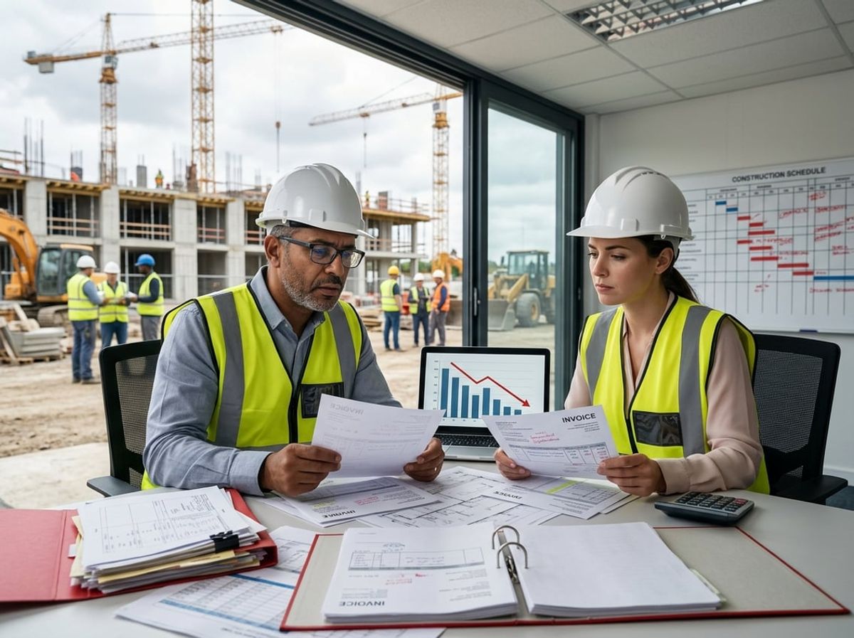 Finance staff assessing project delays caused by a fraudulent payment near an unfinished building