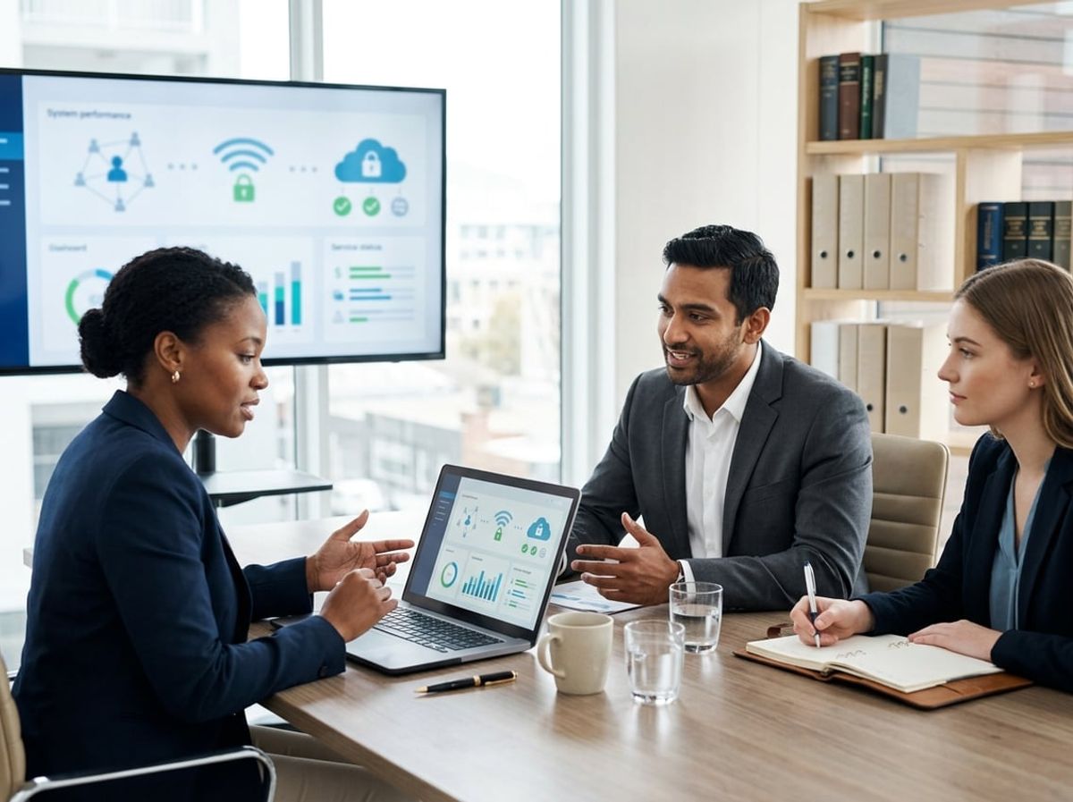 Account manager presents a technology reporting dashboard to attorneys during a firm meeting