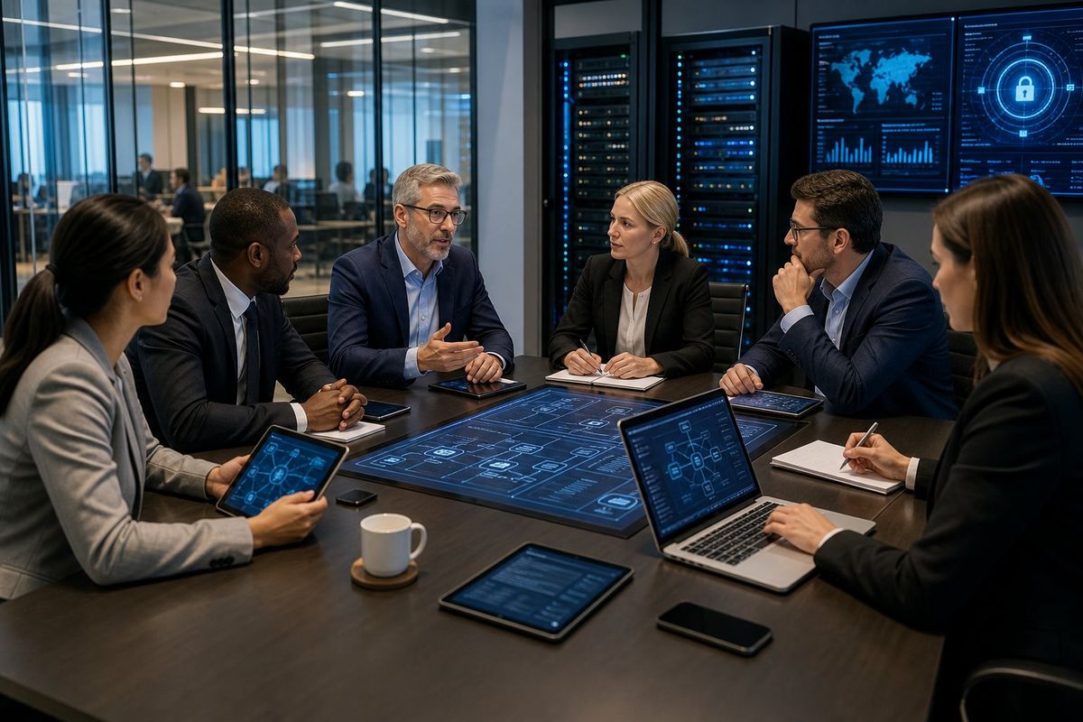 A group of professionals collaborating in a law firm office with laptops and digital devices, discussing IT infrastructure planning.
