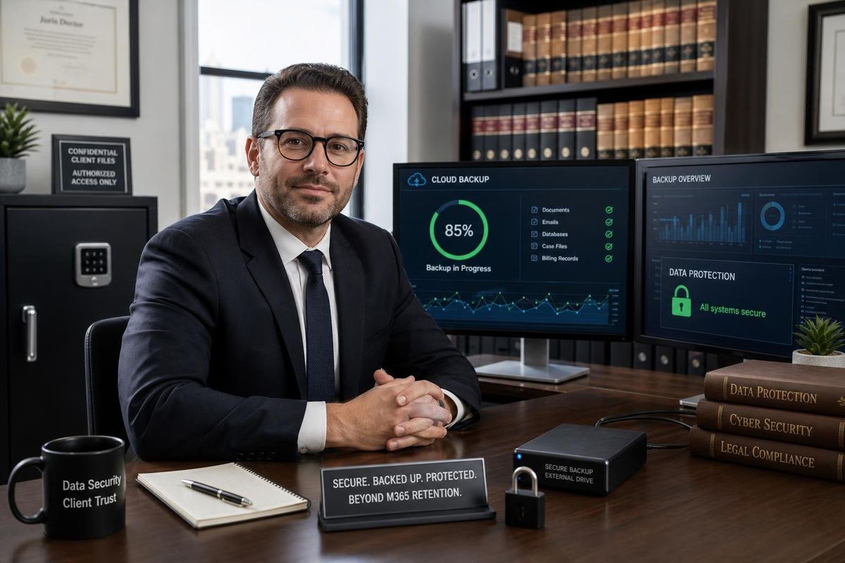 A business professional in a law office working on computers with data charts and backup indicators, surrounded by legal books and secure storage devices.