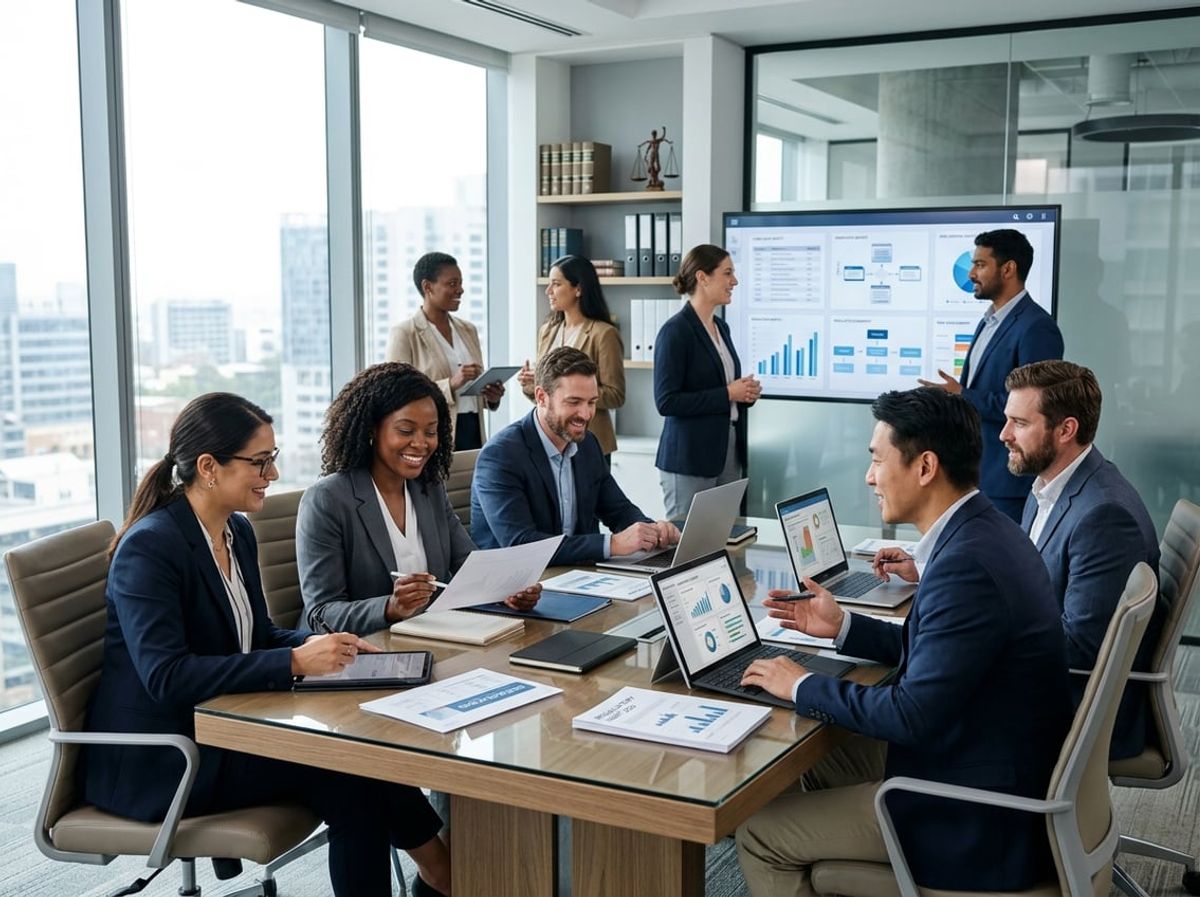 Law firm staff examining compliance documentation and ethics rule requirements on screens
