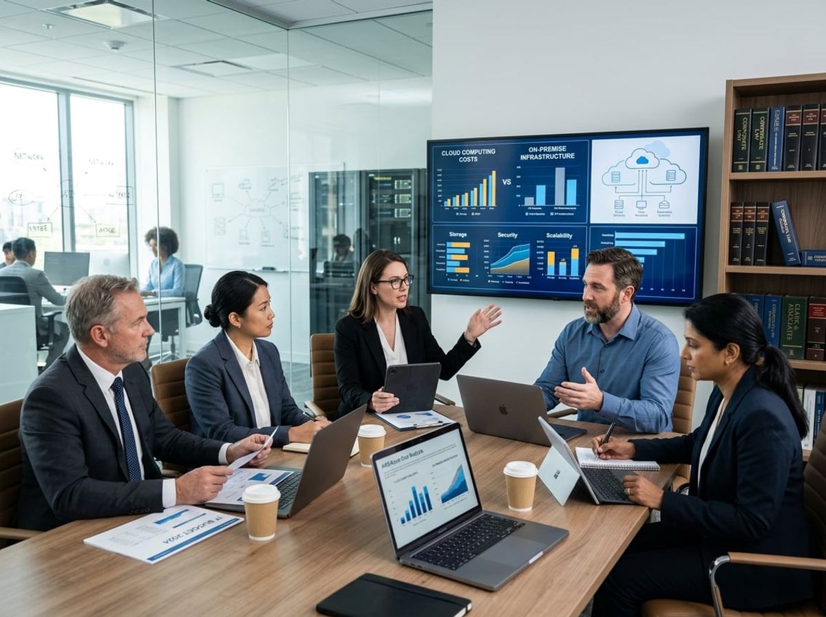Managing partner reviewing a budget spreadsheet comparing on premise and cloud costs